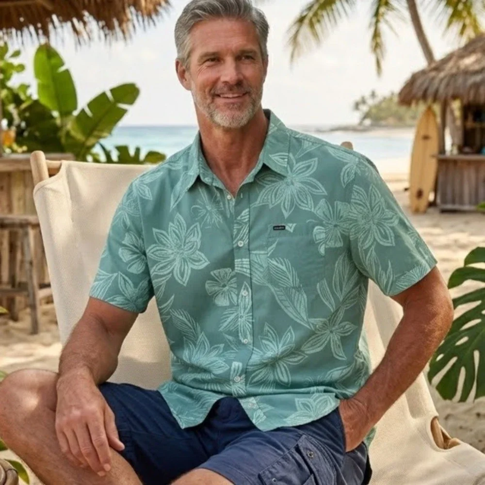 O'Neill Floral Tropical Hibiscus Button Down Shirt Mens XL Teal Green SU4104106X